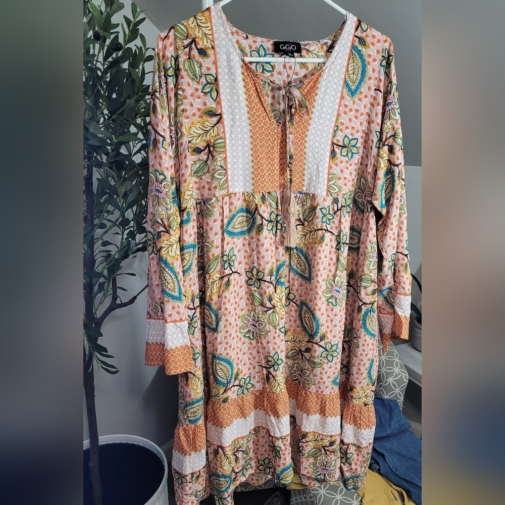GiGiO Floral Tiered Babydoll Midi Dress Medium Boho Tunic